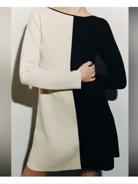 Zara Black and Cream Colorblock Mini Knit Dress Size M
